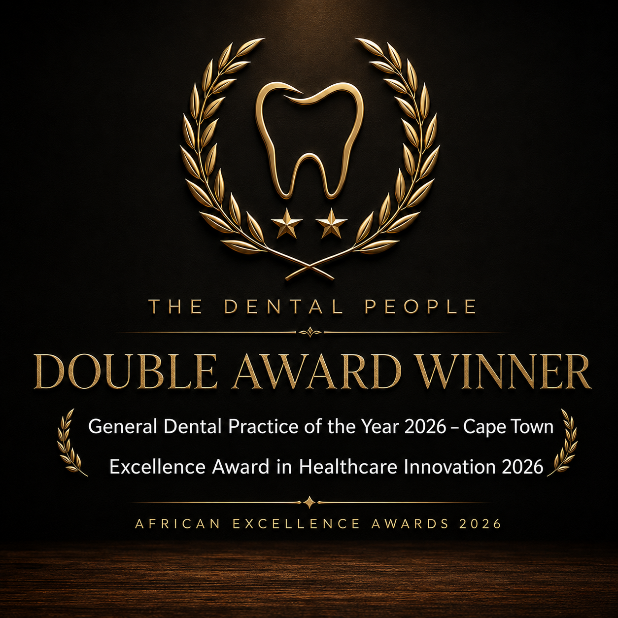 Golden Double Award Winner badge for The Dental People, General Dental Practice of the Year 2026 in Cape Town.